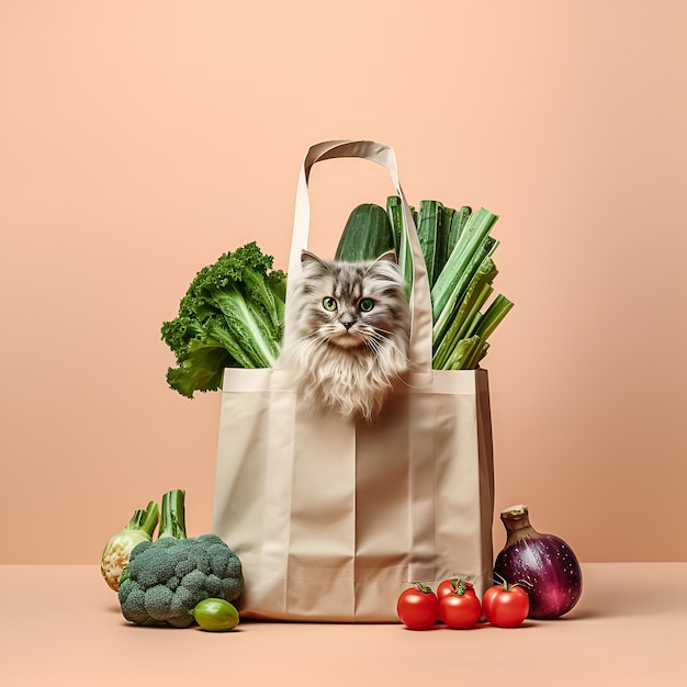 Bolsa de compras con gato y comestibles en el fondo claro