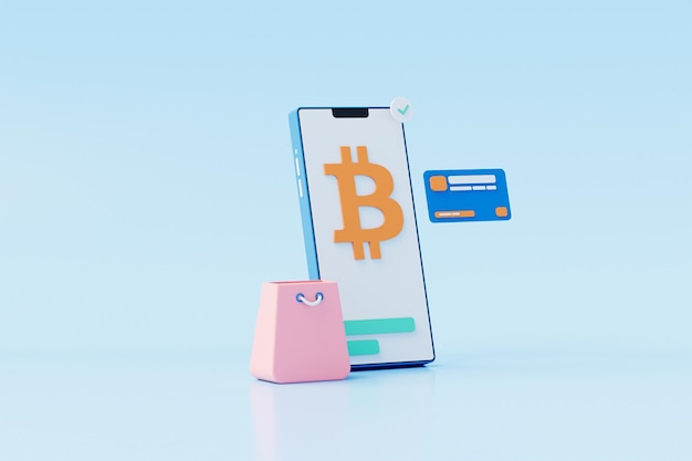 bolsa de compras en línea 3d mediante el uso de tarjeta de crédito o criptomoneda de efectivo para uso futuro dinero de tarjeta de crédito seguridad financiera en el uso de aplicaciones móviles 3d para banca y compras en línea renderizado 3d