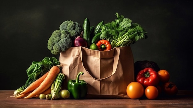 Bolsa de compras llena de verduras frescas sobre una mesa de madera con fondo negro