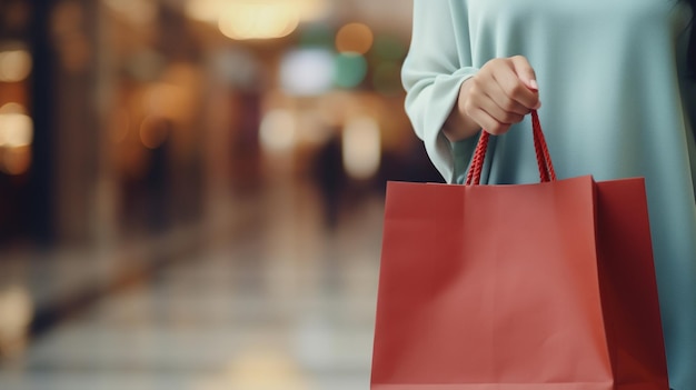 Bolsa de compras de mano de mujer con fondo de centro comercial desenfocado