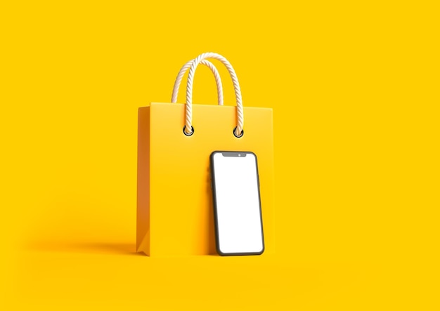 Bolsa de compras con pantalla de teléfono inteligente vacía sobre un fondo amarillo Compras en línea 3D render