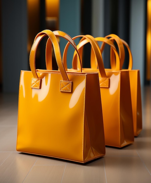 Una bolsa de compras de papel con acabado brillante y líneas elegantes.