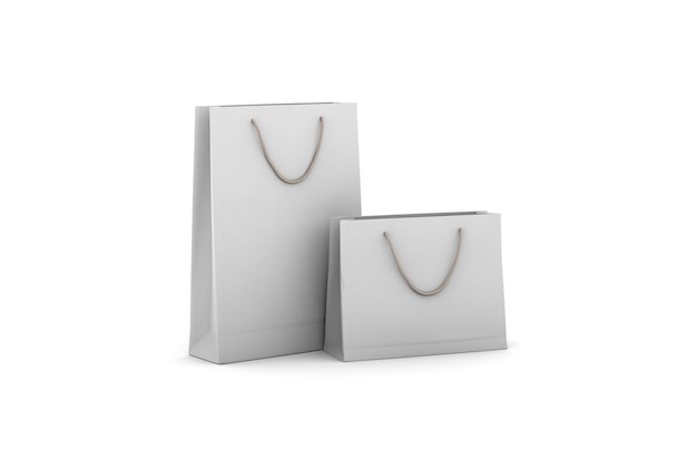 Bolsa de compras de papel blanco ecológica con asa de cuerda aislada en la representación 3D de fondo blanco