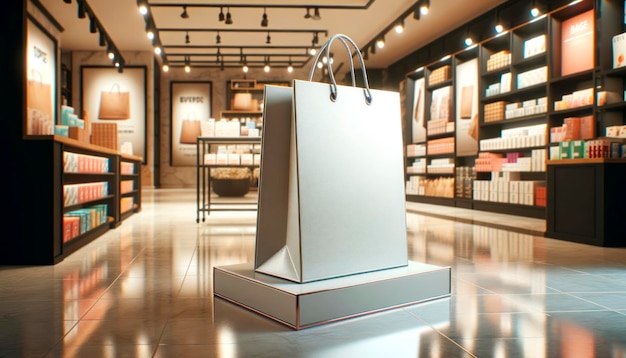 Foto bolsa de compras prominente en pedestal con un telón de fondo de boutique de alta gama concepto de venta al por menor y lujo ia generativa