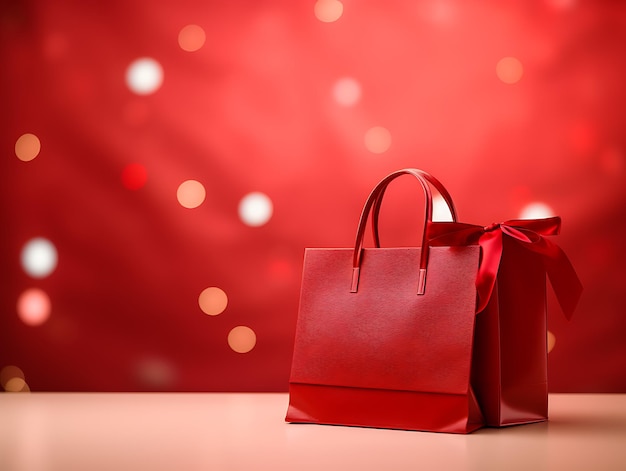 Bolsa de compras roja y caja de regalo sobre un fondo rojo Concepto de banner de venta de año nuevo