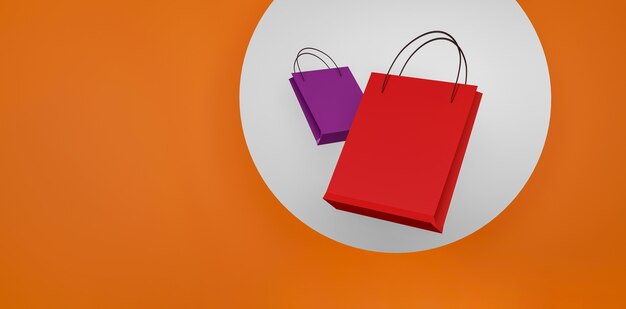 Bolsa de compras roja sobre fondo naranja venta diseño de banner ilustración 3d