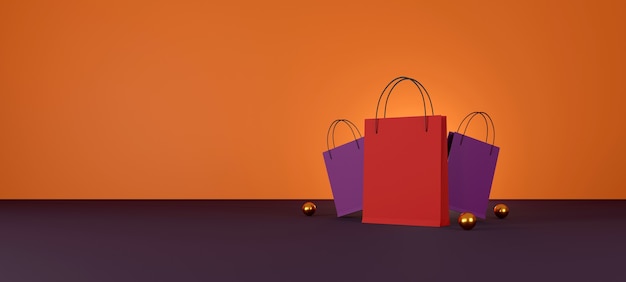 Bolsa de compras roja sobre fondo naranja venta diseño de banner ilustración 3d