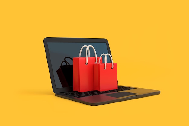 Bolsa de compras sobre una computadora portátil aislada sobre fondo amarillo Concepto de compras en línea 3D Render