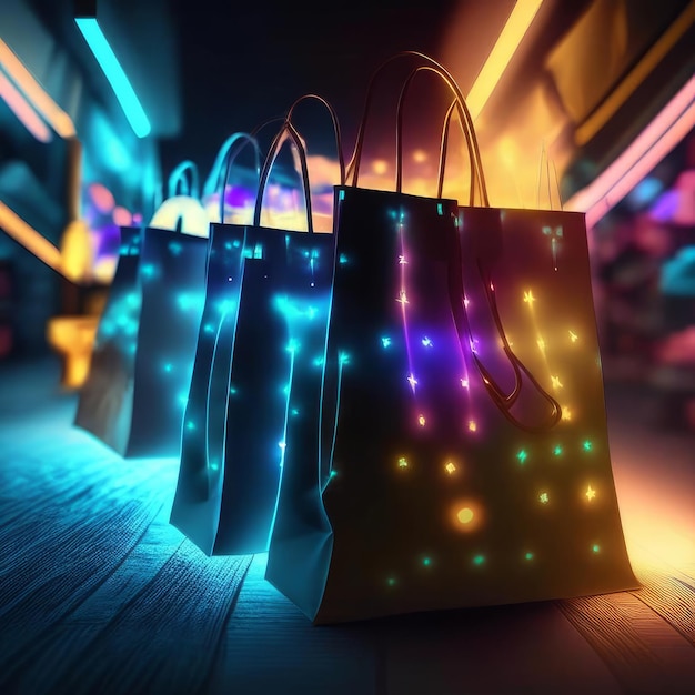 Bolsa de compras sobre fondo abstracto 3D rendering Luces de neón