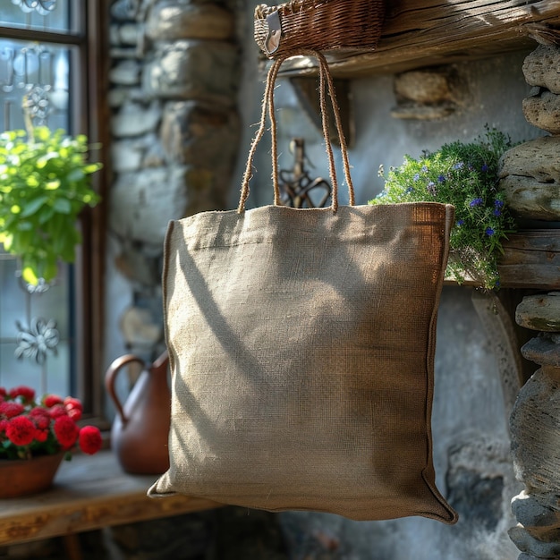 Foto bolsa de compras textil colgada de un gancho