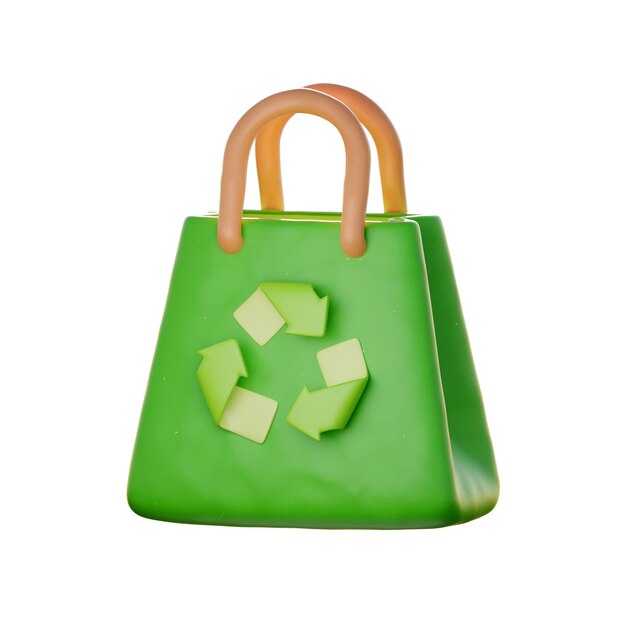 Bolsa de compras verde 3D con símbolo de reciclaje Día Mundial del Medio Ambiente Estilo de dibujos animados ecológicos 3D