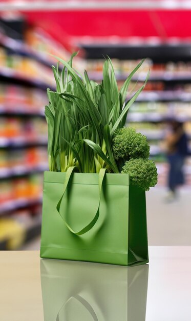 Bolsa de compras verde con cebollas verdes, brócoli y otras verduras en el fondo del supermercado