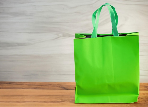 Bolsa de compras verde con mesa de madera