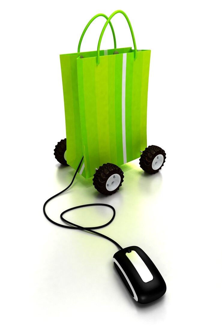 Foto bolsa de compras verde sobre ruedas conectada a un mouse de computadora