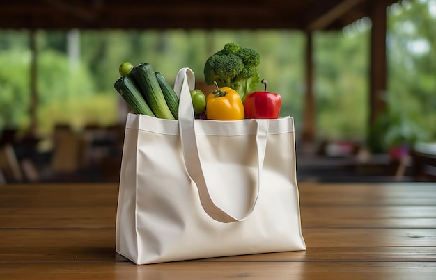 Bolsa de compras con verduras frescas en una mesa de madera en un café