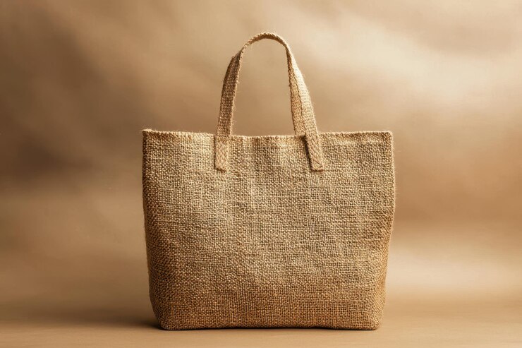 Bolsa de compras de yute beige sobre un fondo neutro