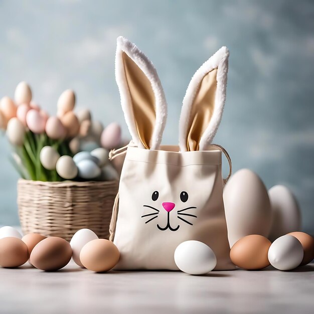 una bolsa de conejo con un conejo en ella y huevos en el fondo