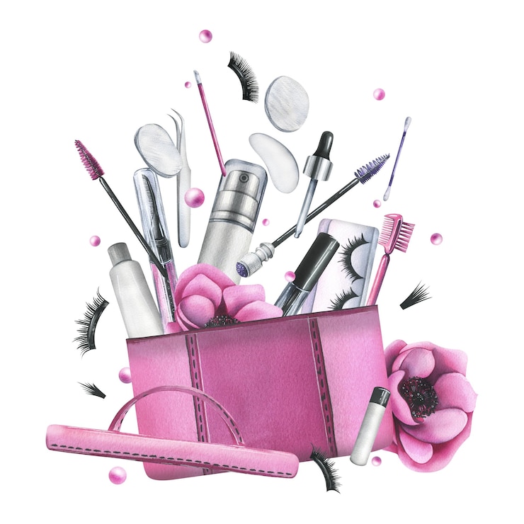 Foto bolsa cosmética rosa com flores de anêmona e vários cosméticos decorativos e para cuidados com a pele ilustração em aquarela desenhada à mão composição isolada em um fundo branco