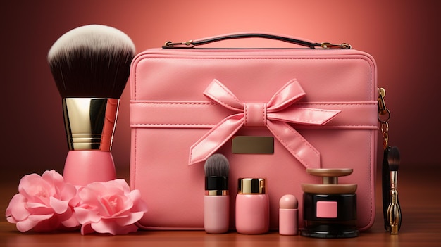 Bolsa de cosméticos rosa y kit de maquillaje repleto de pinceles y cosméticos Generative ai