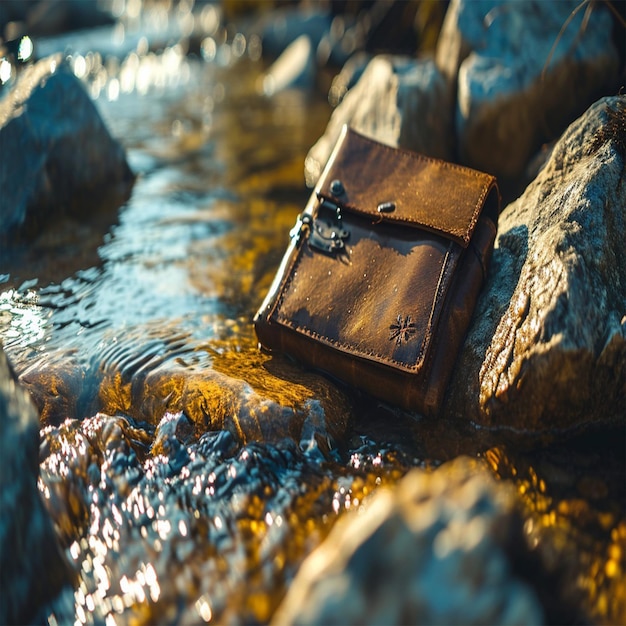 una bolsa de cuero marrón se sienta en una roca con agua fluyendo a su alrededor