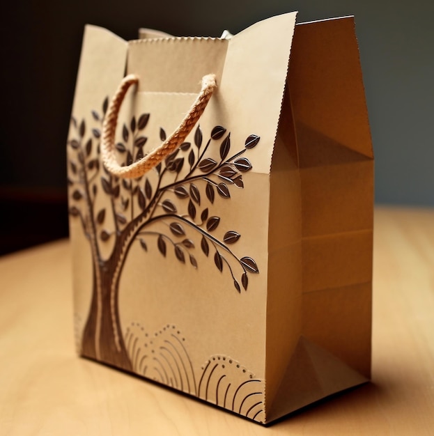 Bolsa de compras feita de papel reciclado em uma mesa de madeira um fundo desfocado IA generativa