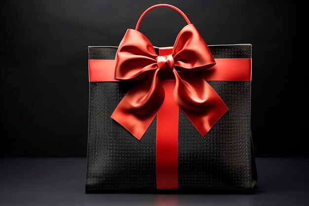 Foto bolsa de compras preta com ilustração de fita vermelha criada com ia generativa