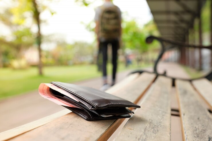 Bolsa de couro com um dinheiro deitado no banco do parque, enquanto os turistas estão indo embora. - imagem