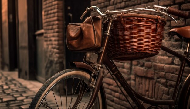 Bolsa de couro de sela de bicicleta à moda antiga, corrente enferrujada, pôr do sol rural gerado por inteligência artificial