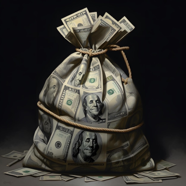 Bolsa de dinheiro com dólares e moedas em uma renderização 3d de fundo escuro
