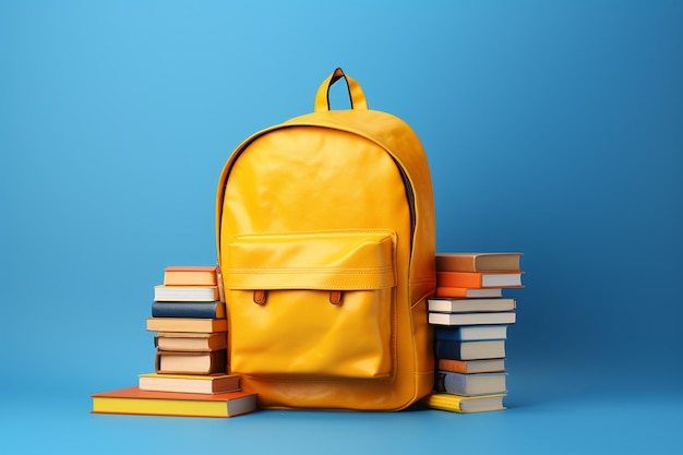 Bolsa de escola com livros e saco amarelo