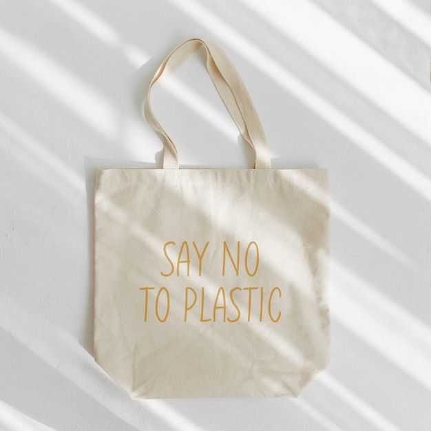Bolsa de lona. Diga não ao plástico. Saco ecológico reutilizável. Conceito ecológico.