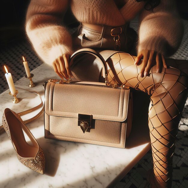 Bolsa de mão beige feminina em mesa de mármore Foco em luzes e sombras Conceito de blog de moda Copyspace