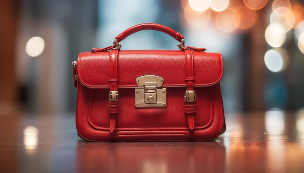 Bolsa de mão vermelha em fundo desfocado Bolsa de couro vermelha feminina