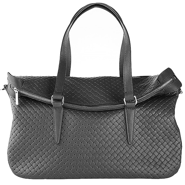 Bolsa de marca feminina em couro preto.