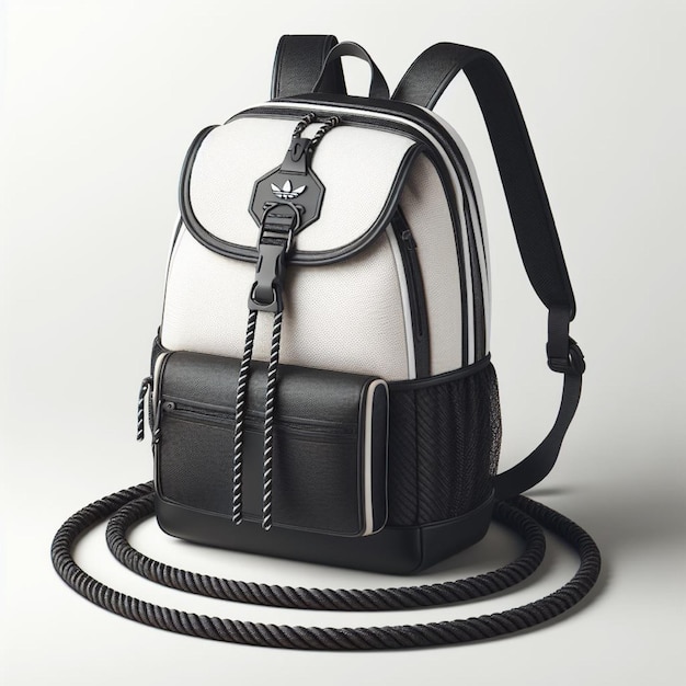 Bolsa de mochila preta branca em uma corda Modelo de bolsa esportiva em fundo branco