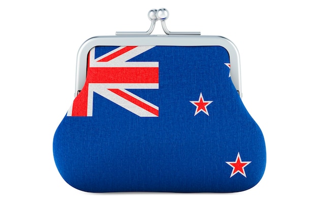 Bolsa de moedas com bandeira da Nova Zelândia Investimento orçamentário ou conceito de banco financeiro na renderização 3D da Nova Zelândia