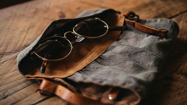 Bolsa de óculos em mesa de madeira