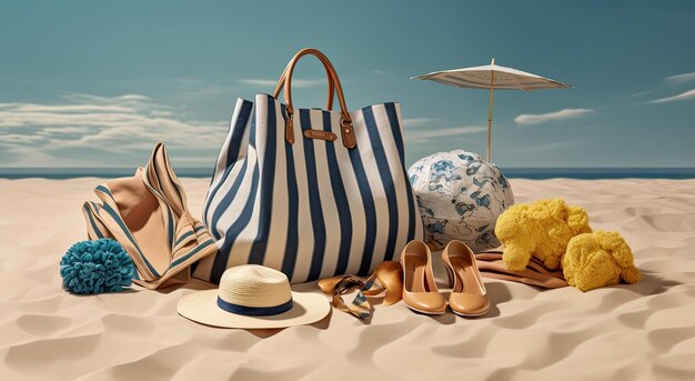 Bolsa de praia elegante com acessórios e praia tropical no fundo conceito de férias de verão Cre