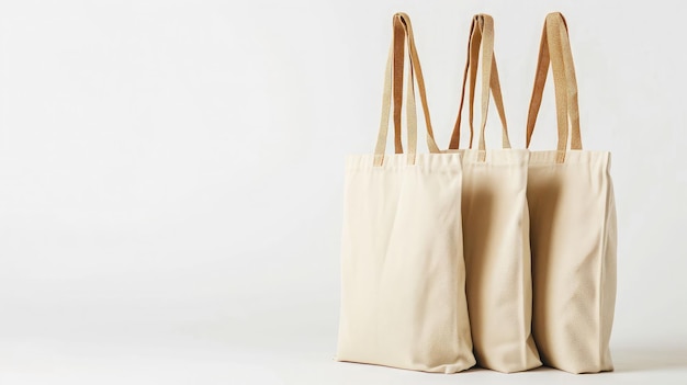 Bolsa de Tote de tela de moda de cor bege ecológica isolada em fundo branco Bolsa reutilizável para compras e compras