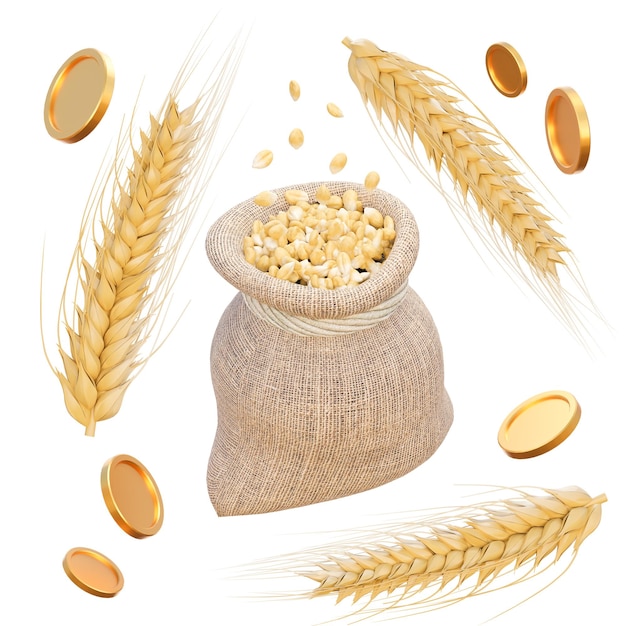 Bolsa de trigo com espiga e moedas em um fundo branco ilustração 3d de um trigo negociável