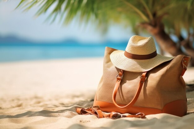 Bolsa de verão em acessórios de areia tropical, toalha de chapéu com folhas de palmeira e mar azul