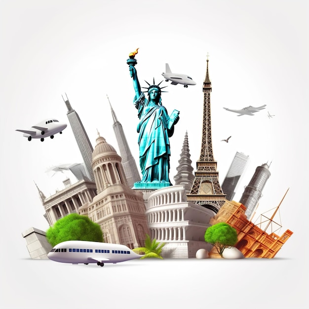 Bolsa de viagem de um dia para o turismo mundial com ilustrações de férias e turismo de referência mundial