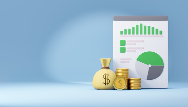 Bolsa de dinero 3D con moneda y papel cuadriculado de informe. Representación de la ilustración 3D.