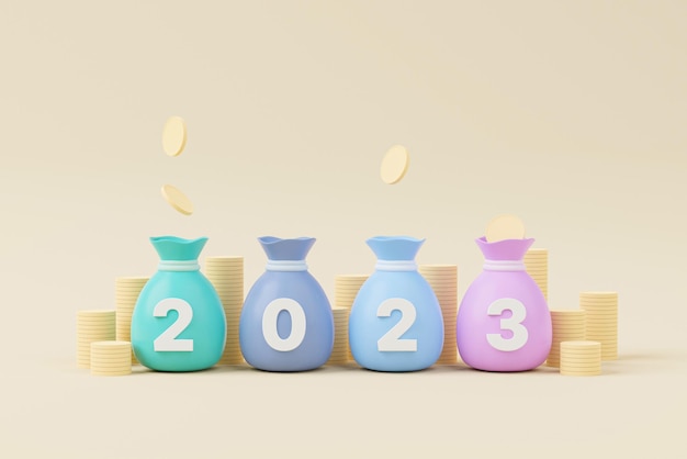 Bolsa de dinero con el año 2023 en el fondo Ahorre dinero e inversión concepto 3d renderizar ilustración