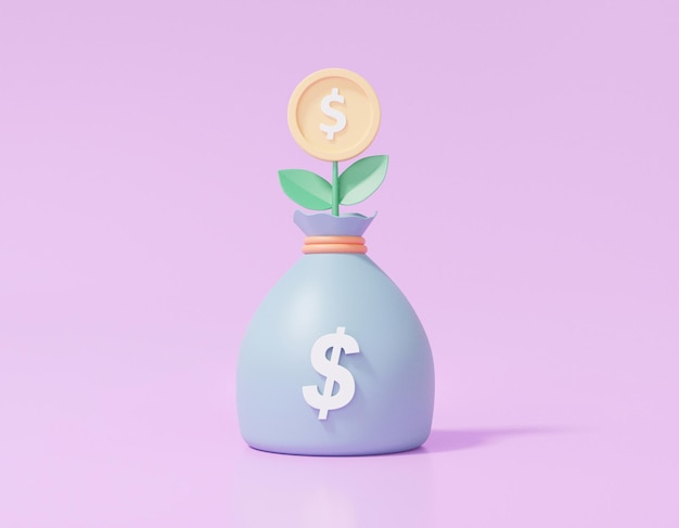 Bolsa de dinero azul con árbol moneda dólar sobre fondo púrpura negocio beneficio inversión finanzas educación ahorro dibujos animados lindo suave 3d render ilustración