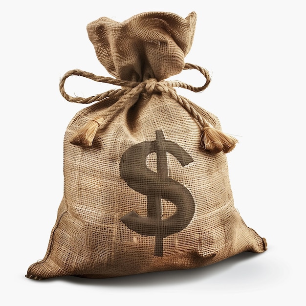 Foto bolsa de dinero de burlap con cuerda y signo de dólar