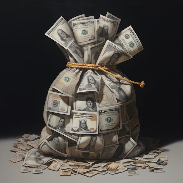 Bolsa de dinero con dólares en una ilustración 3d de fondo oscuro
