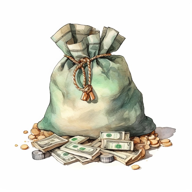 Bolsa de dinero con dólares Ilustración acuarela dibujada a mano aislada sobre fondo blanco