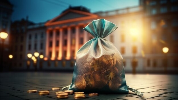 Foto bolsa de dinero en euros y edificio del gobiernoconcepto de negocios y finanzas