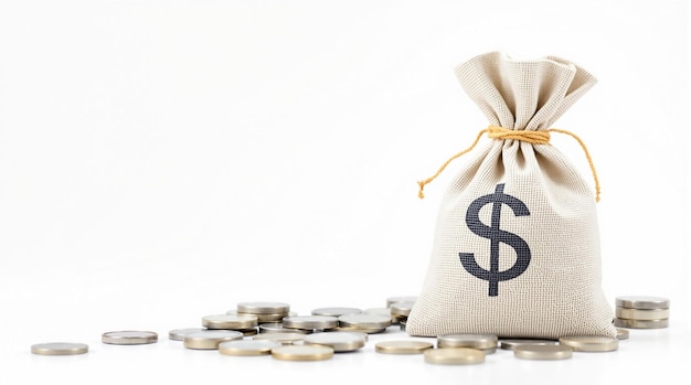 Bolsa de dinero llena de dólares estadounidenses sobre un fondo blanco
